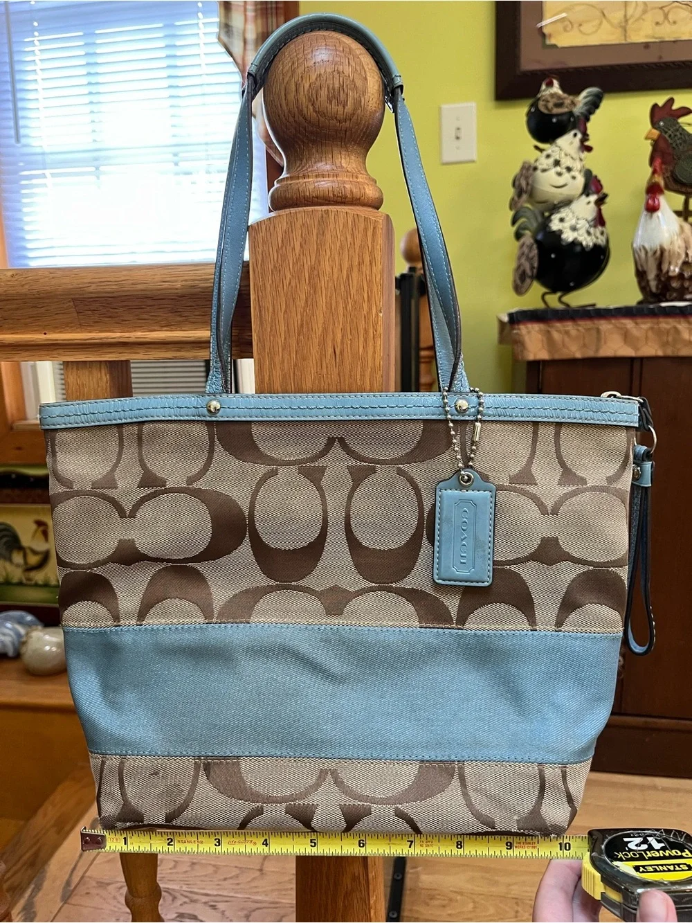 Coach Brown Signature Canvas Tote with Light Blue Trim